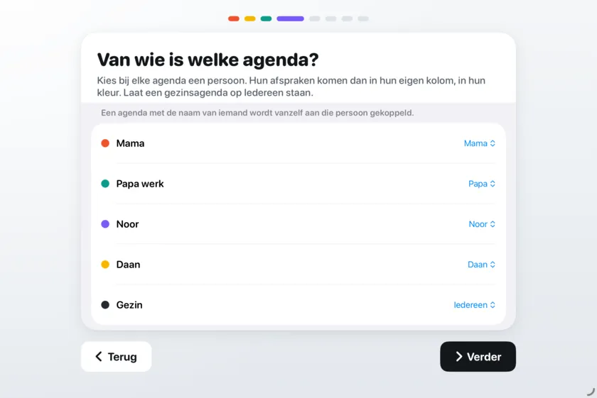 Het scherm Van wie is welke agenda? met bij elke agenda een gezinslid.